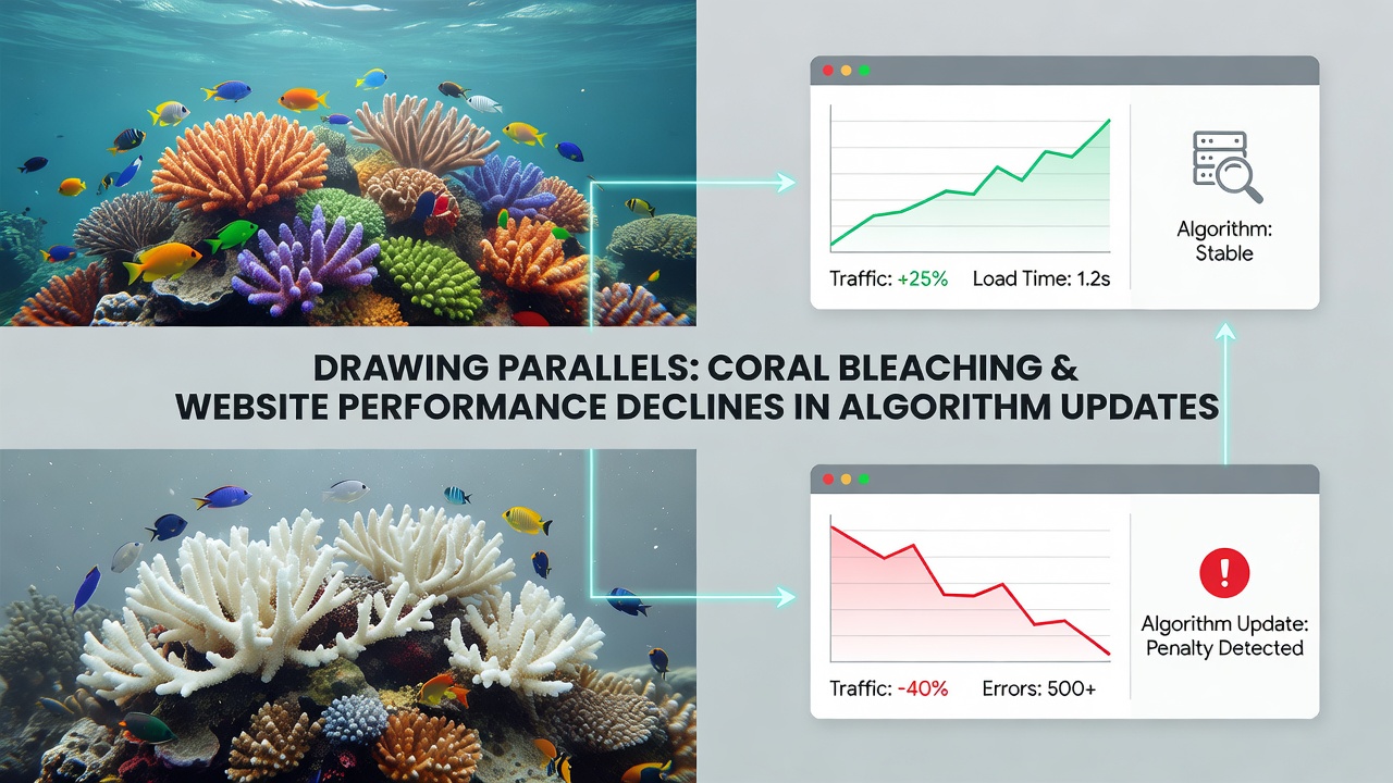 Side-by-side visualization of recovering coral colonies and upward trending search ranking graphs following environmental and optimization adjustments